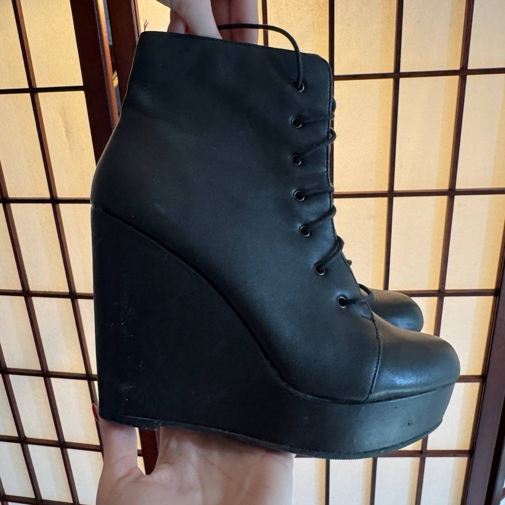 Black Wedge Lace-Up Ankle Boots - Women